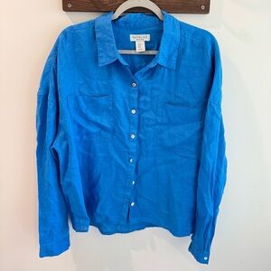 Rachel Zoe 100% Linen Cobalt Blue Button Up Shirt XL